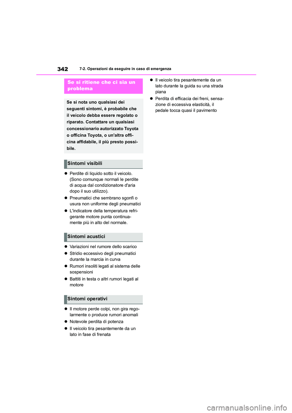 TOYOTA GR86 2022  Manuale duso (in Italian) 3427-2. Operazioni da eseguire in caso di emergenza
Perdite di liquido sotto il veicolo. 
(Sono comunque normali le perdite 
di acqua dal condizionatore daria 
dopo il suo utilizzo). 
 Pneumati