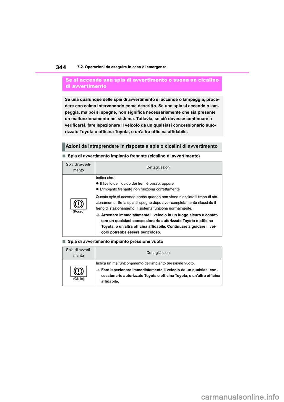 TOYOTA GR86 2022  Manuale duso (in Italian) 3447-2. Operazioni da eseguire in caso di emergenza
■Spia di avvertimento impianto frenante (cicalino di avvertimento)
■Spia di avvertimento impianto pressione vuoto
Se si accende una spia di avve