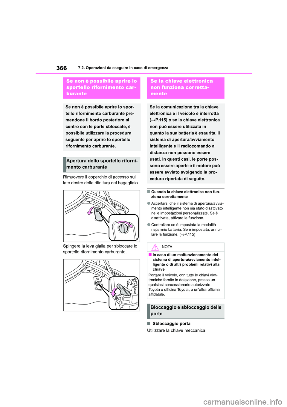 TOYOTA GR86 2022  Manuale duso (in Italian) 3667-2. Operazioni da eseguire in caso di emergenza
Rimuovere il coperchio di accesso sul  
lato destro della rifinitura del bagagliaio. 
Spingere la leva gialla per sbloccare lo  
sportello rifornime