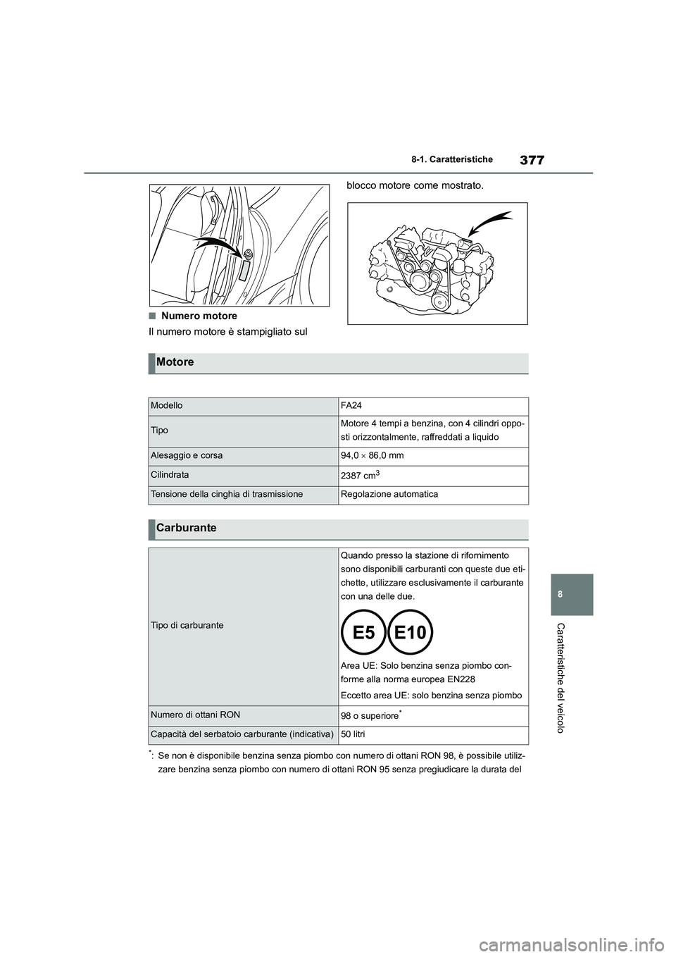 TOYOTA GR86 2022  Manuale duso (in Italian) 377
8 
8-1. Caratteristiche
Caratteristiche del veicolo
■Numero motore 
Il numero motore è stampigliato sul  
blocco motore come mostrato.
*: Se non è disponibile benzina senza piombo con num ero 