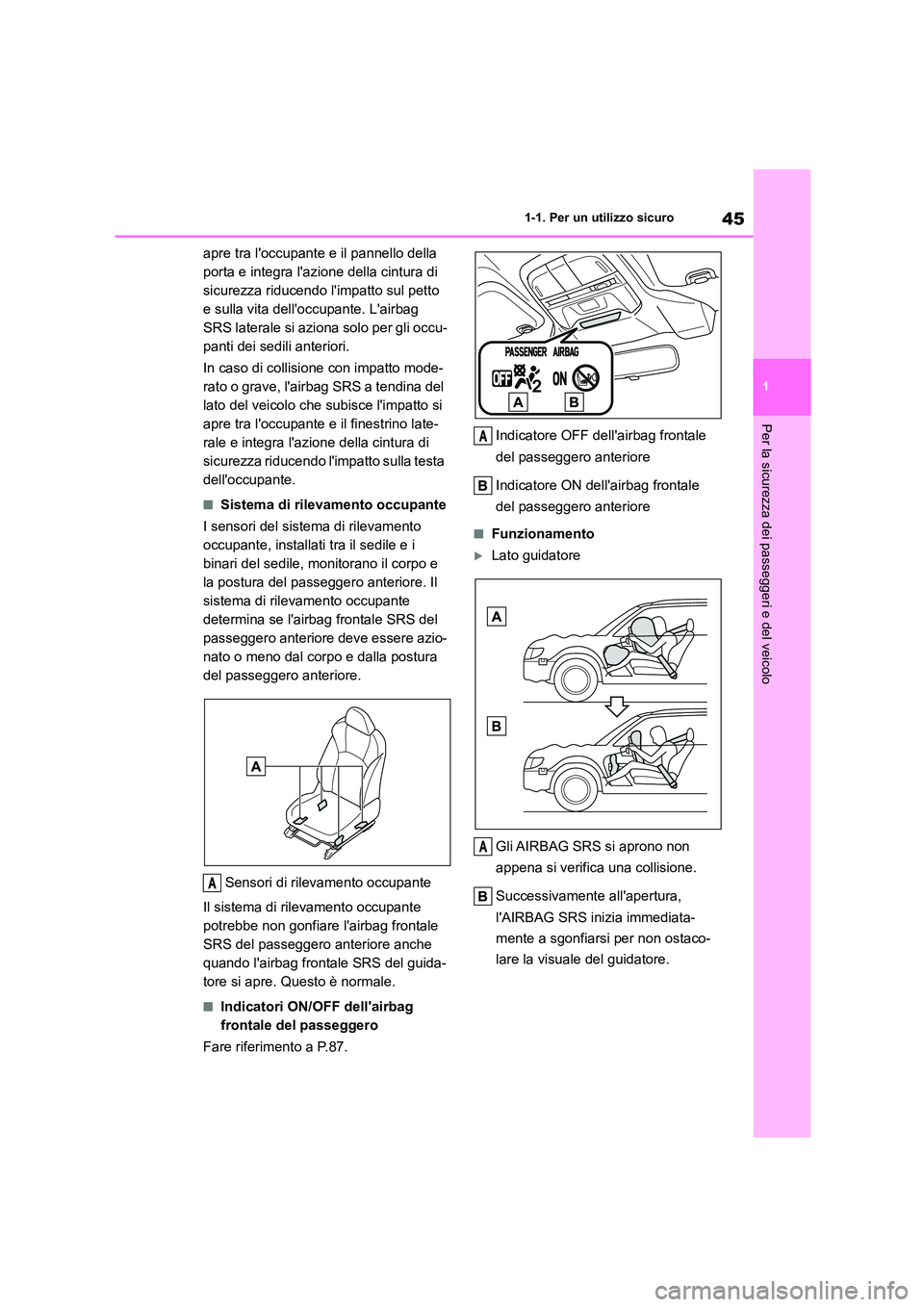TOYOTA GR86 2022 Manuale duso (in Italian) 45
1
1-1. Per un utilizzo sicuro
Per la sicurezza dei passeggeri e del veicolo
apre tra loccupante e il pannello della
porta e integra lazione della cintura di
sicurezza riducendo limpatto sul TOYOTA GR86 2022 Manuale duso (in Italian) 45
1
1-1. Per un utilizzo sicuro
Per la sicurezza dei passeggeri e del veicolo
apre tra loccupante e il pannello della
porta e integra lazione della cintura di
sicurezza riducendo limpatto sul