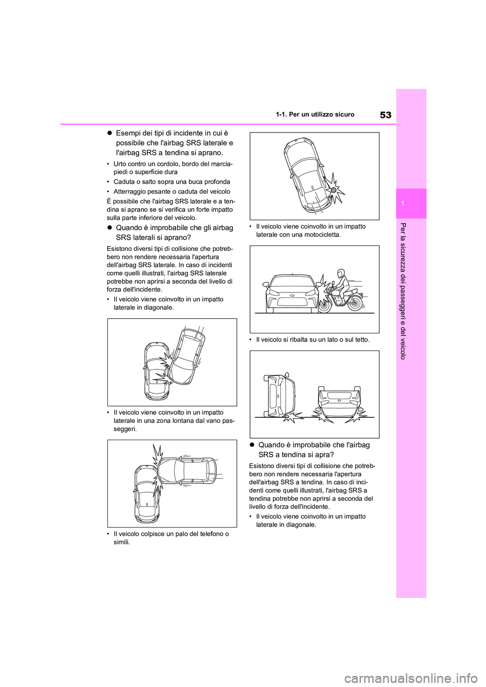 TOYOTA GR86 2022 Manuale duso (in Italian) 53
1
1-1. Per un utilizzo sicuro
Per la sicurezza dei passeggeri e del veicolo
Esempi dei tipi di incidente in cui è
possibile che lairbag SRS laterale e
lairbag SRS a tendina si aprano.
TOYOTA GR86 2022 Manuale duso (in Italian) 53
1
1-1. Per un utilizzo sicuro
Per la sicurezza dei passeggeri e del veicolo
Esempi dei tipi di incidente in cui è
possibile che lairbag SRS laterale e
lairbag SRS a tendina si aprano.