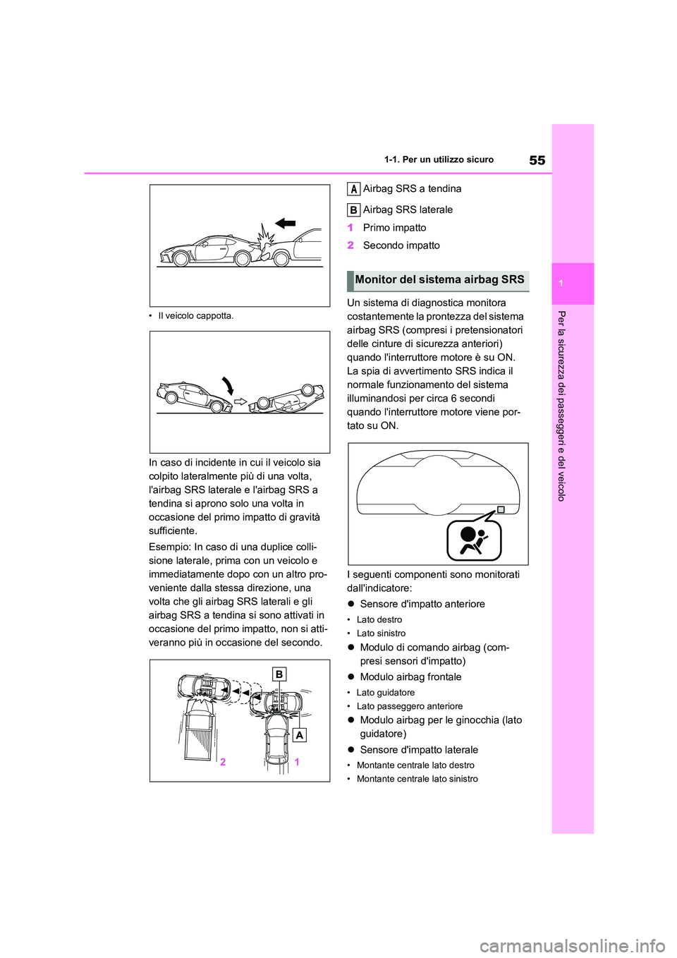 TOYOTA GR86 2022 Manuale duso (in Italian) 55
1
1-1. Per un utilizzo sicuro
Per la sicurezza dei passeggeri e del veicolo• Il veicolo cappotta.
In caso di incidente in cui il veicolo sia
colpito lateralmente più di una volta,
lairbag S TOYOTA GR86 2022 Manuale duso (in Italian) 55
1
1-1. Per un utilizzo sicuro
Per la sicurezza dei passeggeri e del veicolo• Il veicolo cappotta.
In caso di incidente in cui il veicolo sia
colpito lateralmente più di una volta,
lairbag S