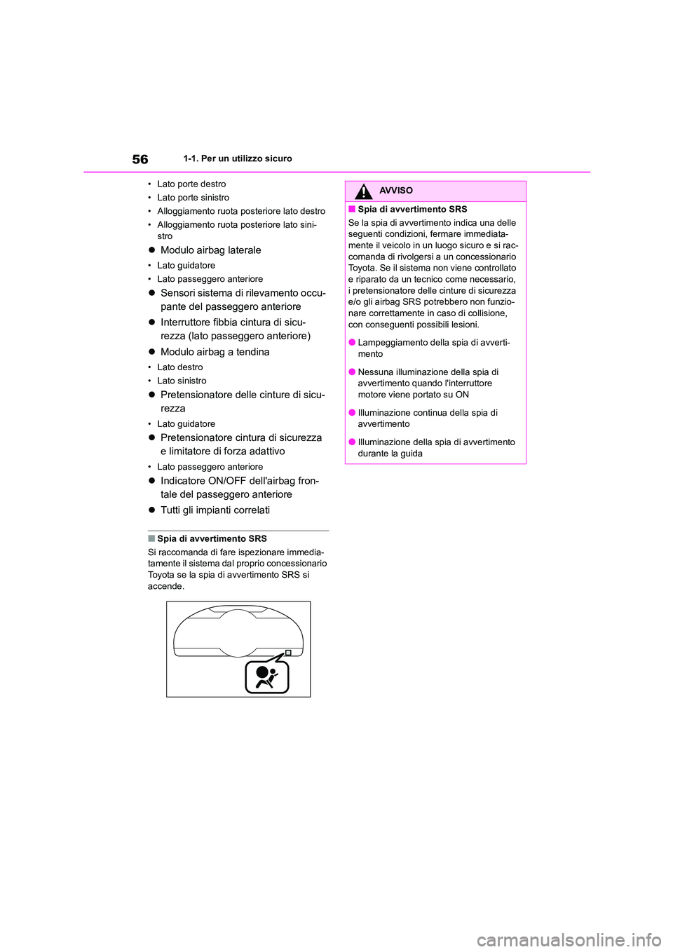 TOYOTA GR86 2022 Manuale duso (in Italian) 561-1. Per un utilizzo sicuro
• Lato porte destro
• Lato porte sinistro
• Alloggiamento ruota posteriore lato destro
• Alloggiamento ruota posteriore lato sini- stro
Modulo airbag latera TOYOTA GR86 2022 Manuale duso (in Italian) 561-1. Per un utilizzo sicuro
• Lato porte destro
• Lato porte sinistro
• Alloggiamento ruota posteriore lato destro
• Alloggiamento ruota posteriore lato sini- stro
Modulo airbag latera