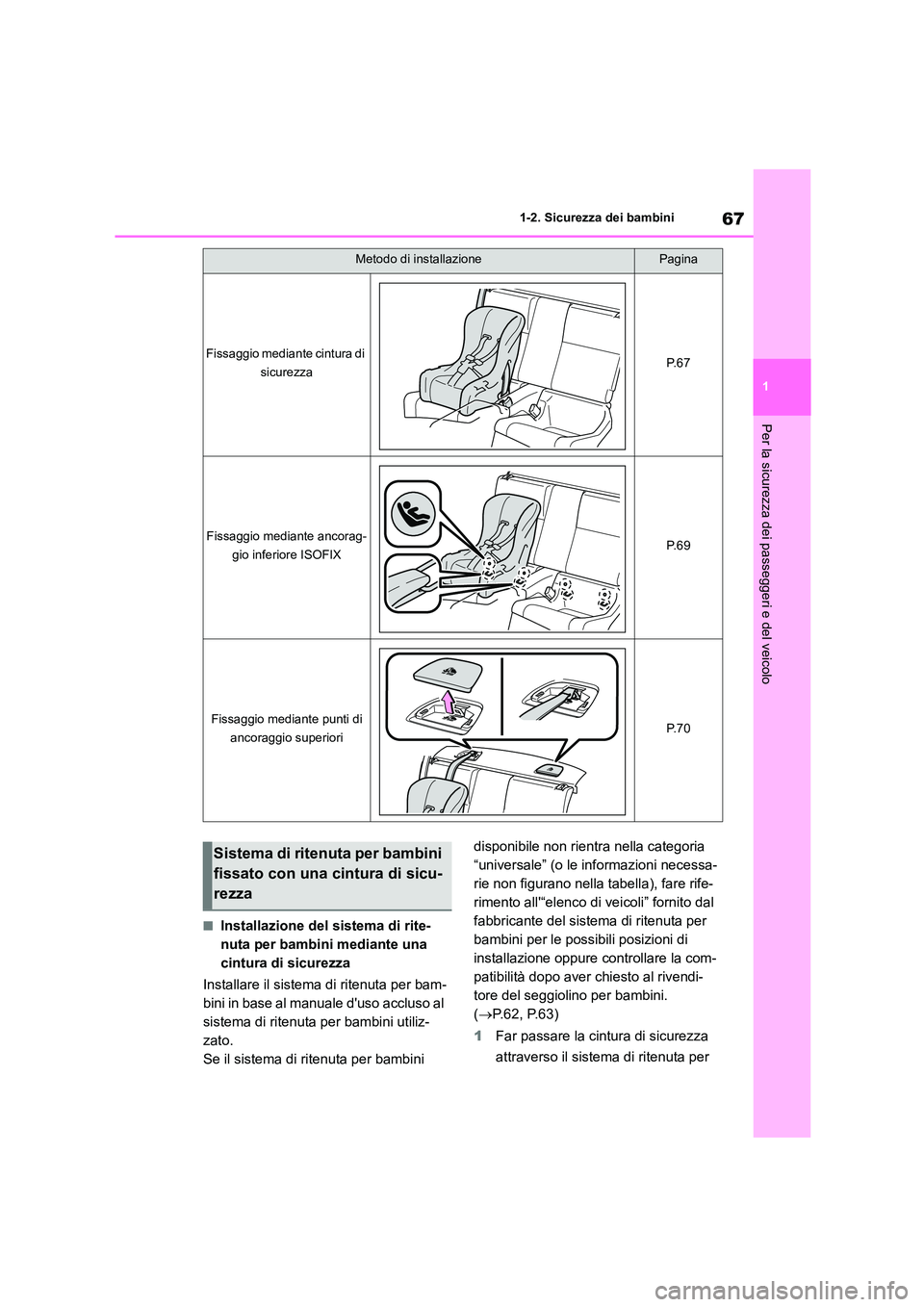 TOYOTA GR86 2022 Manuale duso (in Italian) 67
1
1-2. Sicurezza dei bambini
Per la sicurezza dei passeggeri e del veicolo
■Installazione del sistema di rite-
nuta per bambini mediante una
cintura di sicurezza
Installare il sistema di rite TOYOTA GR86 2022 Manuale duso (in Italian) 67
1
1-2. Sicurezza dei bambini
Per la sicurezza dei passeggeri e del veicolo
■Installazione del sistema di rite-
nuta per bambini mediante una
cintura di sicurezza
Installare il sistema di rite