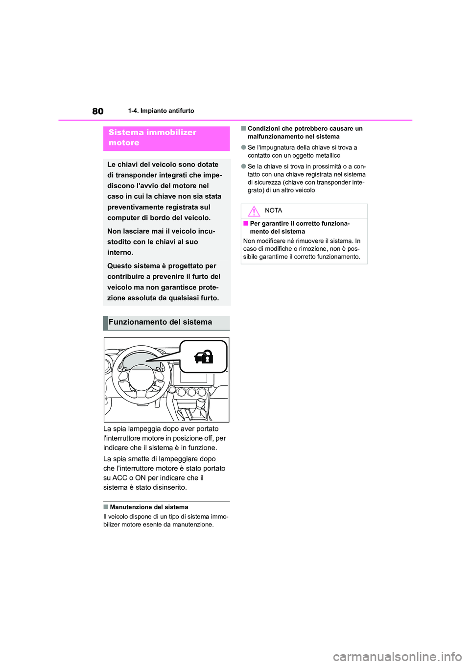 TOYOTA GR86 2022 Manuale duso (in Italian) 801-4. Impianto antifurto
1-4.Impianto antifurto
La spia lampeggia dopo aver portato
linterruttore motore in posizione off, per
indicare che il sistema è in funzione.
La spia smette di lampeggia TOYOTA GR86 2022 Manuale duso (in Italian) 801-4. Impianto antifurto
1-4.Impianto antifurto
La spia lampeggia dopo aver portato
linterruttore motore in posizione off, per
indicare che il sistema è in funzione.
La spia smette di lampeggia