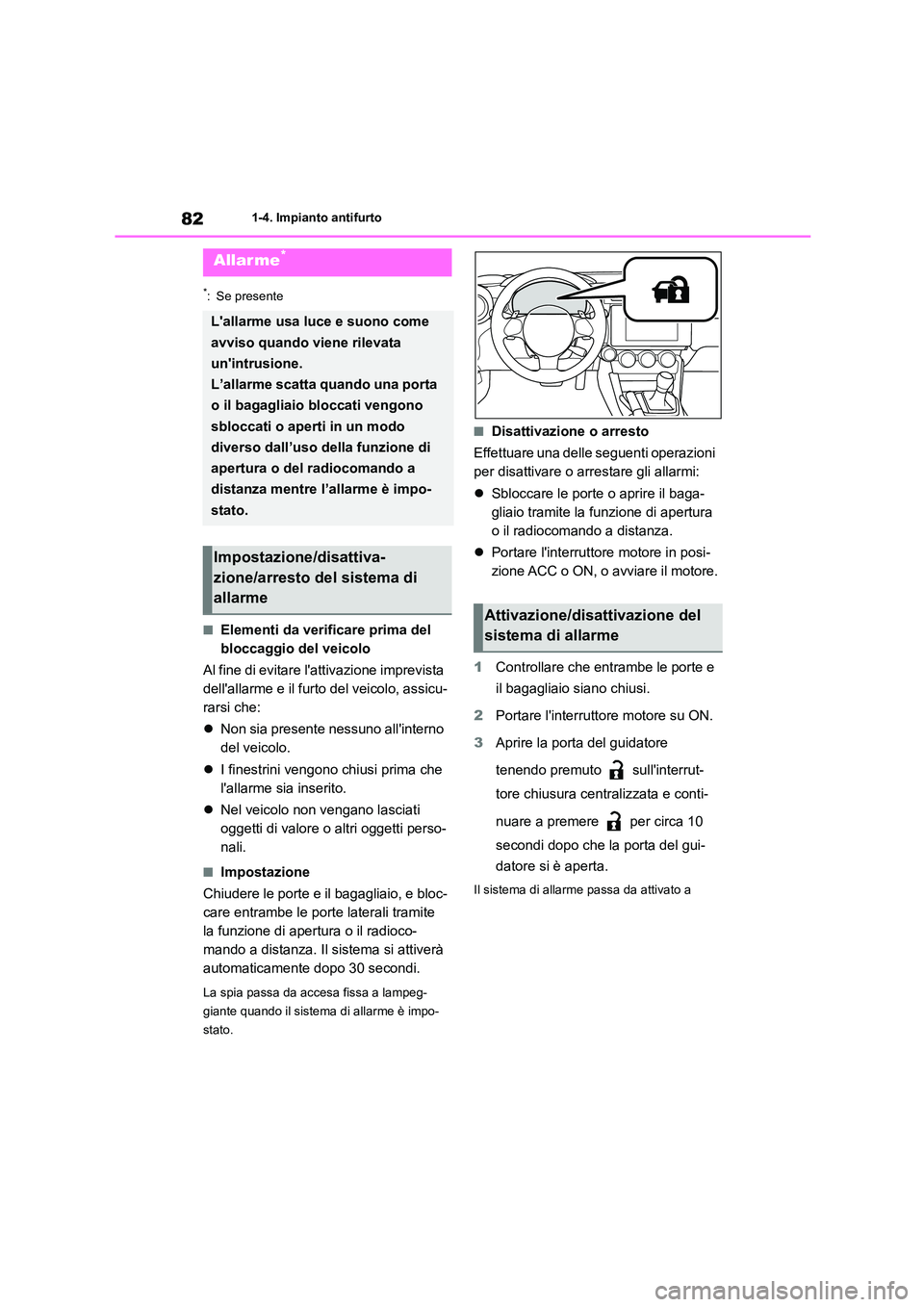 TOYOTA GR86 2022 Manuale duso (in Italian) 821-4. Impianto antifurto
*: Se presente
■Elementi da verificare prima del
bloccaggio del veicolo
Al fine di evitare lattivazione imprevista
dellallarme e il furto del veicolo, assicu-
rarsi TOYOTA GR86 2022 Manuale duso (in Italian) 821-4. Impianto antifurto
*: Se presente
■Elementi da verificare prima del
bloccaggio del veicolo
Al fine di evitare lattivazione imprevista
dellallarme e il furto del veicolo, assicu-
rarsi