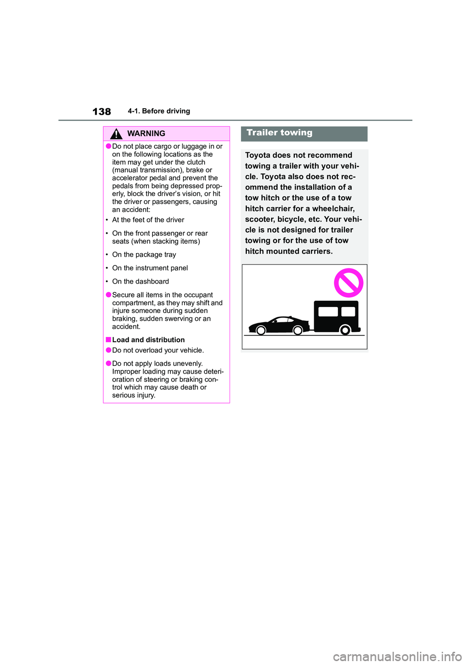 TOYOTA GR86 2022  Owners Manual (in English) 1384-1. Before driving
WA R N I N G
●Do not place cargo or luggage in or  
on the following locations as the 
item may get under the clutch  (manual transmission), brake or  
accelerator pedal and p