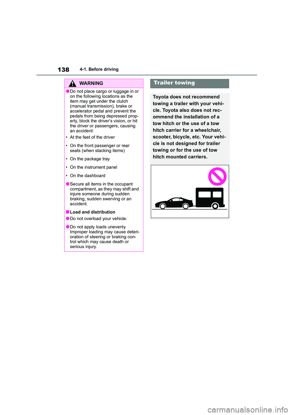 TOYOTA GR86 2022 Owners Manual (in English) 1384-1. Before driving
WA R N I N G
●Do not place cargo or luggage in or
on the following locations as the
item may get under the clutch (manual transmission), brake or
accelerator pedal and p TOYOTA GR86 2022 Owners Manual (in English) 1384-1. Before driving
WA R N I N G
●Do not place cargo or luggage in or
on the following locations as the
item may get under the clutch (manual transmission), brake or
accelerator pedal and p