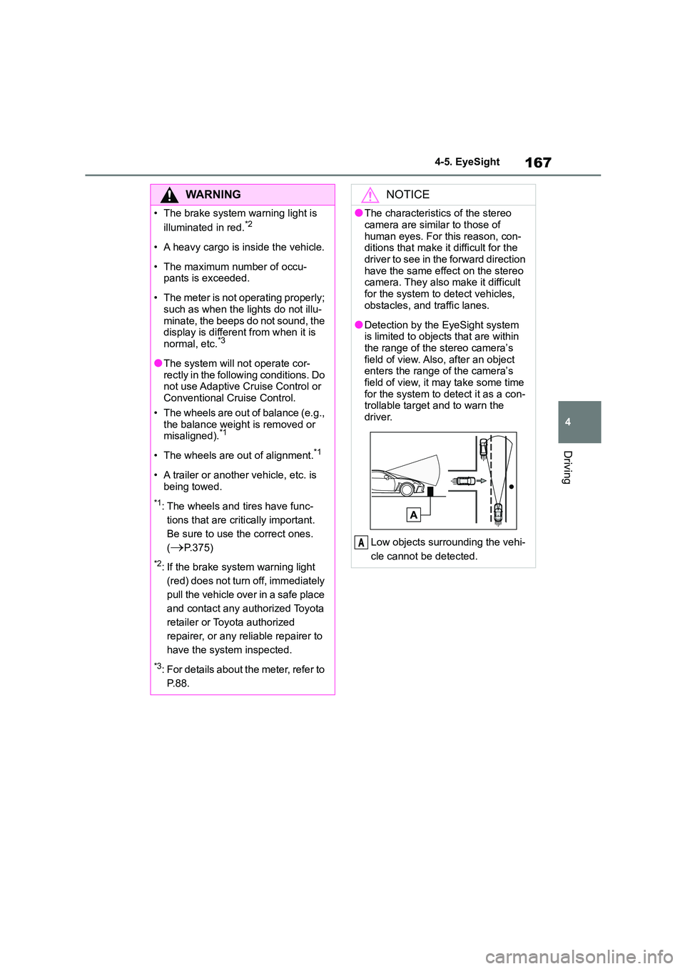 TOYOTA GR86 2022 Owners Manual (in English) 167
4
4-5. EyeSight
Driving
WA R N I N G
• The brake system warning light is
illuminated in red.*2
• A heavy cargo is inside the vehicle.
• The maximum number of occu- pants is exceeded.
TOYOTA GR86 2022 Owners Manual (in English) 167
4
4-5. EyeSight
Driving
WA R N I N G
• The brake system warning light is
illuminated in red.*2
• A heavy cargo is inside the vehicle.
• The maximum number of occu- pants is exceeded.
