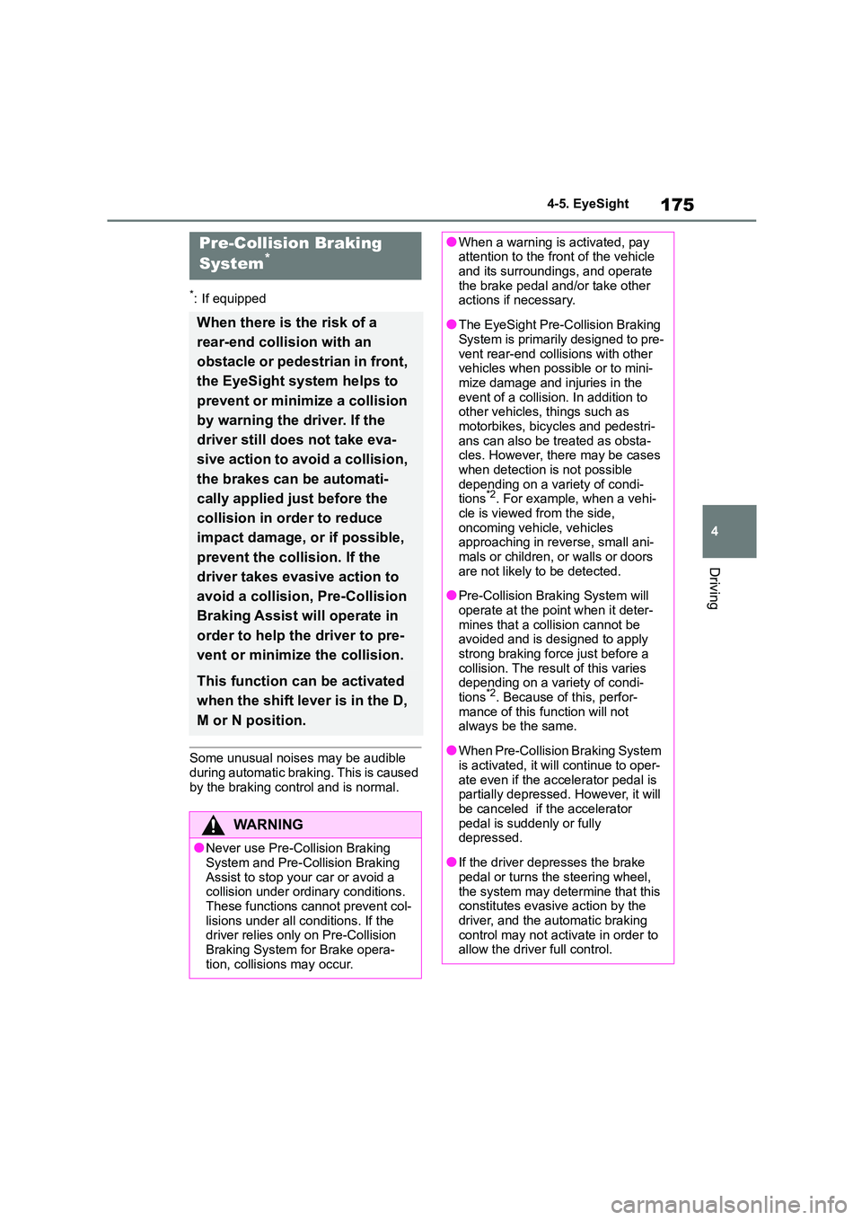 TOYOTA GR86 2022 Owners Manual (in English) 175
4
4-5. EyeSight
Driving
*: If equipped
Some unusual noises may be audible
during automatic braking. This is caused
by the braking control and is normal.
Pre-Collision Braking
System*
When th TOYOTA GR86 2022 Owners Manual (in English) 175
4
4-5. EyeSight
Driving
*: If equipped
Some unusual noises may be audible
during automatic braking. This is caused
by the braking control and is normal.
Pre-Collision Braking
System*
When th