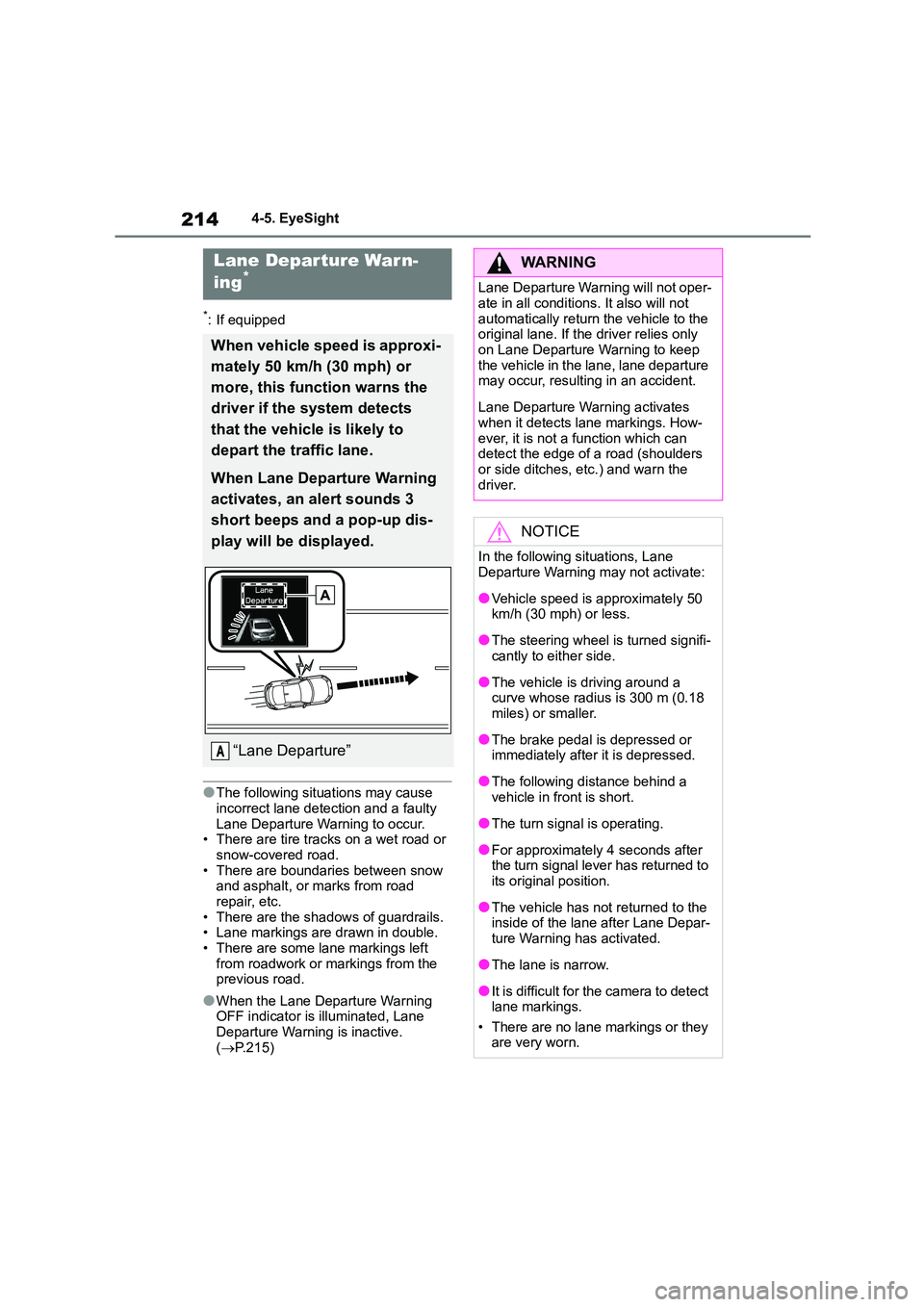 TOYOTA GR86 2022  Owners Manual (in English) 2144-5. EyeSight
*: If equipped
●The following situations may cause  incorrect lane detection and a faulty  
Lane Departure Warning to occur.
• There are tire tracks on a wet road or  snow-covered