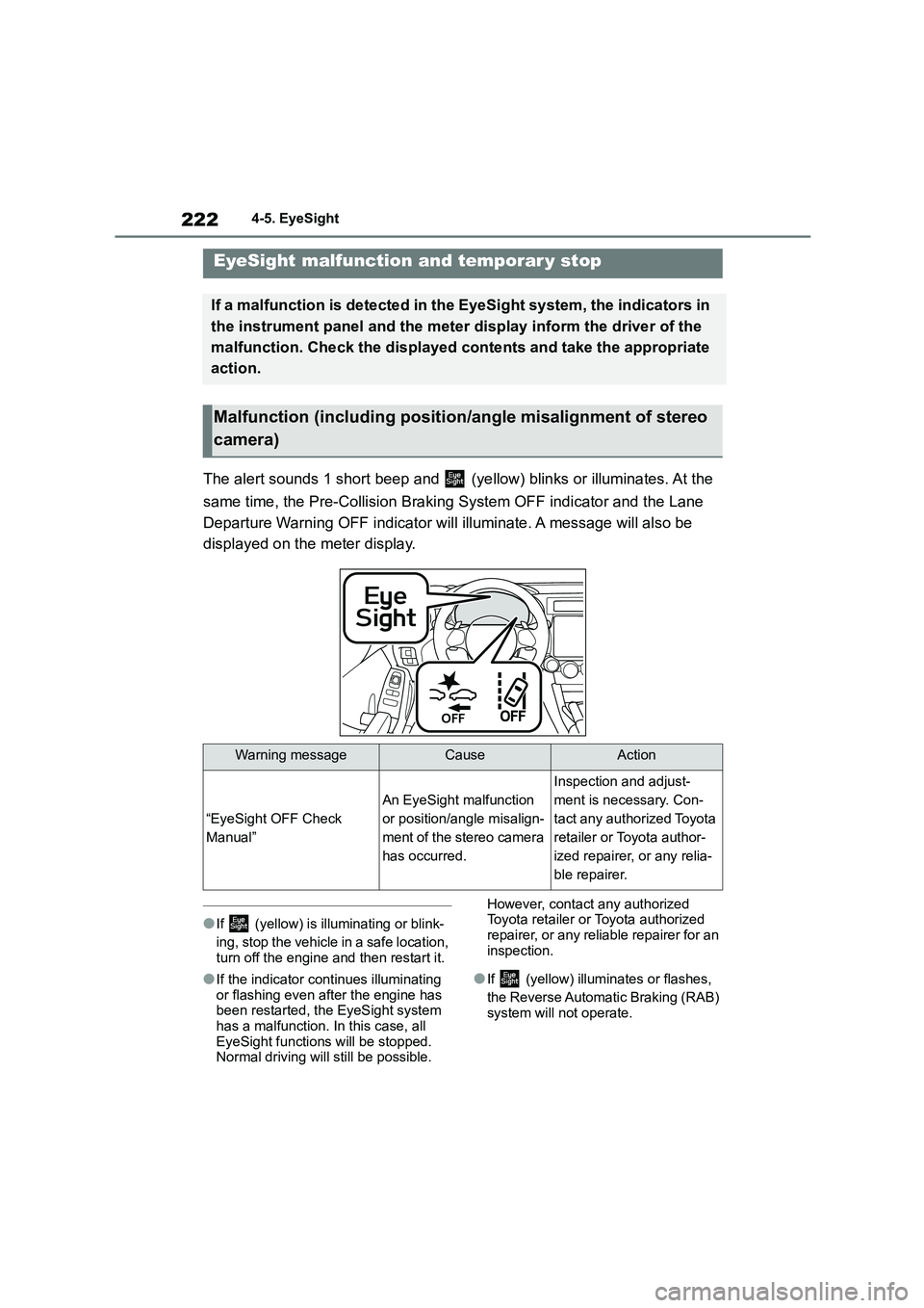 TOYOTA GR86 2022 Owners Manual (in English) 2224-5. EyeSight
The alert sounds 1 short beep and (yellow) blinks or illuminates. At the
same time, the Pre-Collision Braking S ystem OFF indicator and the Lane
Departure Warning OFF indicator TOYOTA GR86 2022 Owners Manual (in English) 2224-5. EyeSight
The alert sounds 1 short beep and (yellow) blinks or illuminates. At the
same time, the Pre-Collision Braking S ystem OFF indicator and the Lane
Departure Warning OFF indicator