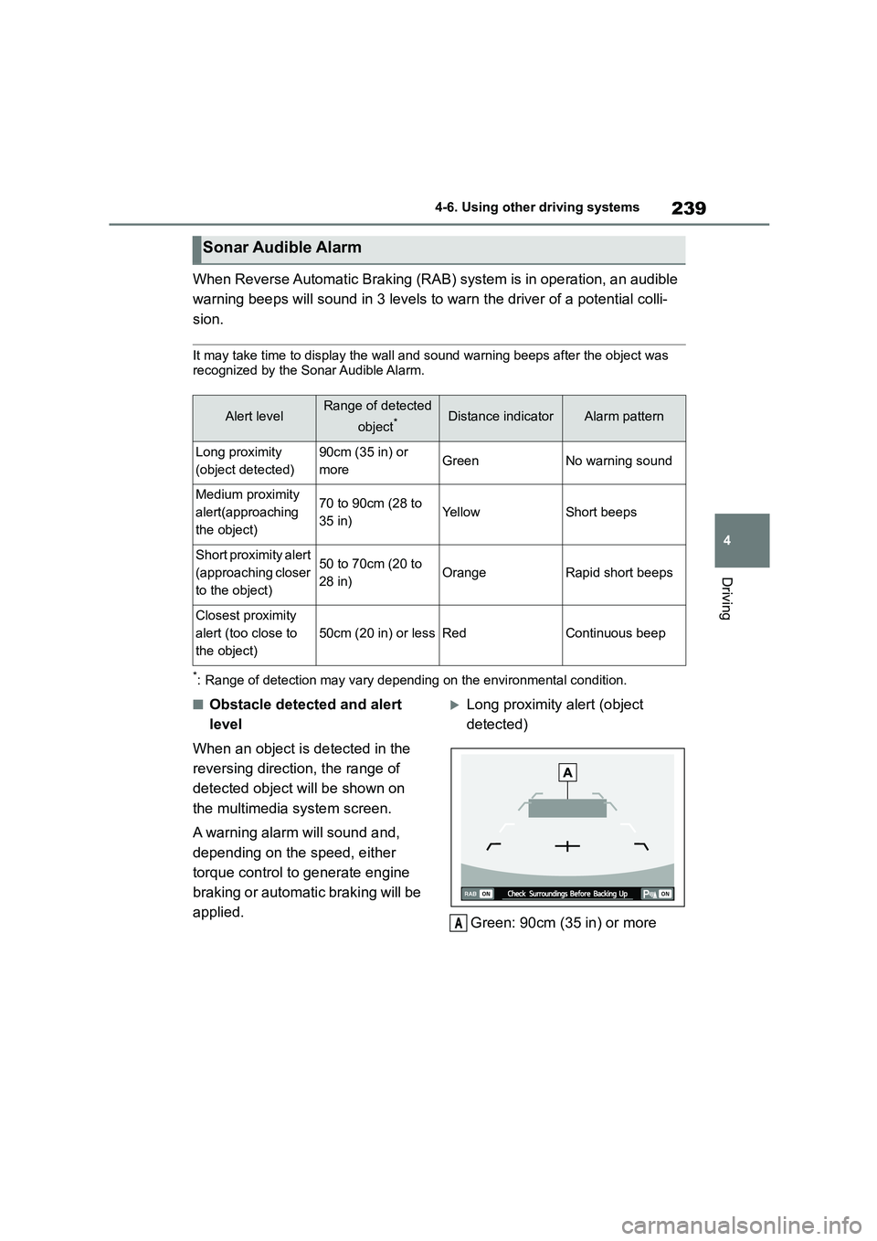 TOYOTA GR86 2022 Owners Manual (in English) 239
4
4-6. Using other driving systems
Driving
When Reverse Automatic Braking (RAB) system is in operation, an audible
warning beeps will sound in 3 levels to warn the driver of a potential colli- TOYOTA GR86 2022 Owners Manual (in English) 239
4
4-6. Using other driving systems
Driving
When Reverse Automatic Braking (RAB) system is in operation, an audible
warning beeps will sound in 3 levels to warn the driver of a potential colli-