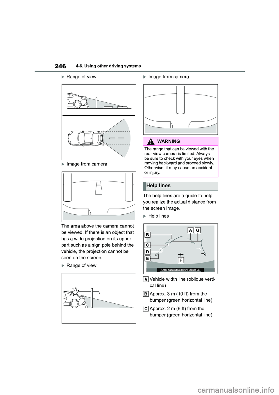 TOYOTA GR86 2022 Owners Manual (in English) 2464-6. Using other driving systems
Range of view
Image from camera
The area above the camera cannot
be viewed. If there is an object that
has a wide projection on its upper
part such as a TOYOTA GR86 2022 Owners Manual (in English) 2464-6. Using other driving systems
Range of view
Image from camera
The area above the camera cannot
be viewed. If there is an object that
has a wide projection on its upper
part such as a