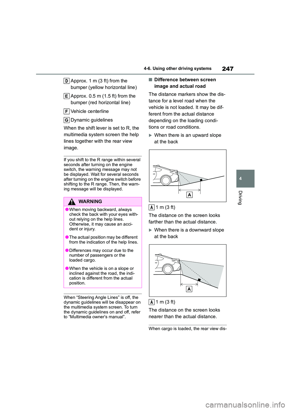 TOYOTA GR86 2022 Owners Manual (in English) 247
4
4-6. Using other driving systems
Driving
Approx. 1 m (3 ft) from the
bumper (yellow horizontal line)
Approx. 0.5 m (1.5 ft) from the
bumper (red horizontal line)
Vehicle centerline
Dynam TOYOTA GR86 2022 Owners Manual (in English) 247
4
4-6. Using other driving systems
Driving
Approx. 1 m (3 ft) from the
bumper (yellow horizontal line)
Approx. 0.5 m (1.5 ft) from the
bumper (red horizontal line)
Vehicle centerline
Dynam