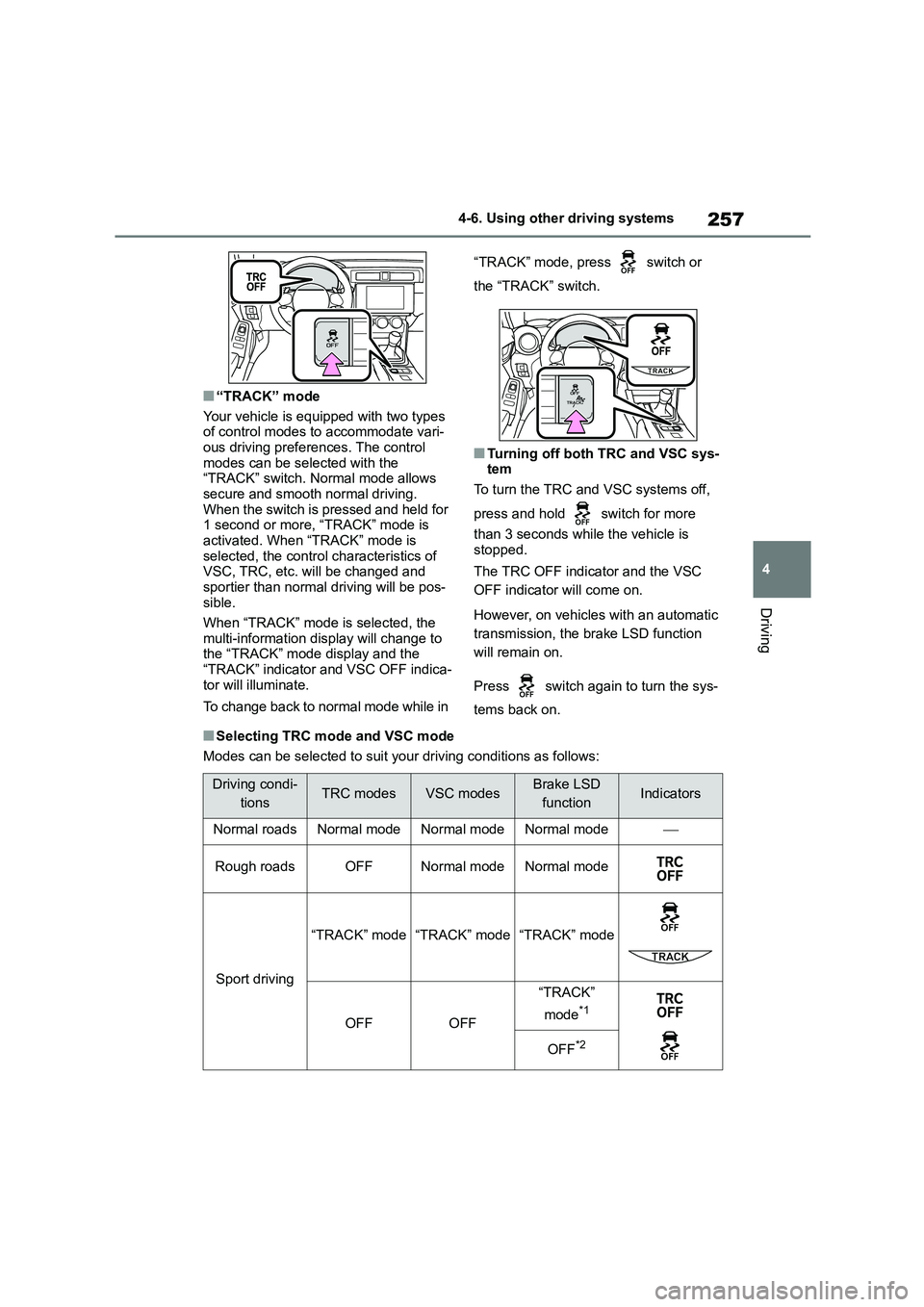 TOYOTA GR86 2022  Owners Manual (in English) 257
4 
4-6. Using other driving systems
Driving
■“TRACK” mode 
Your vehicle is equipped with two types  of control modes to  accommodate vari- 
ous driving preferences. The control 
modes can be