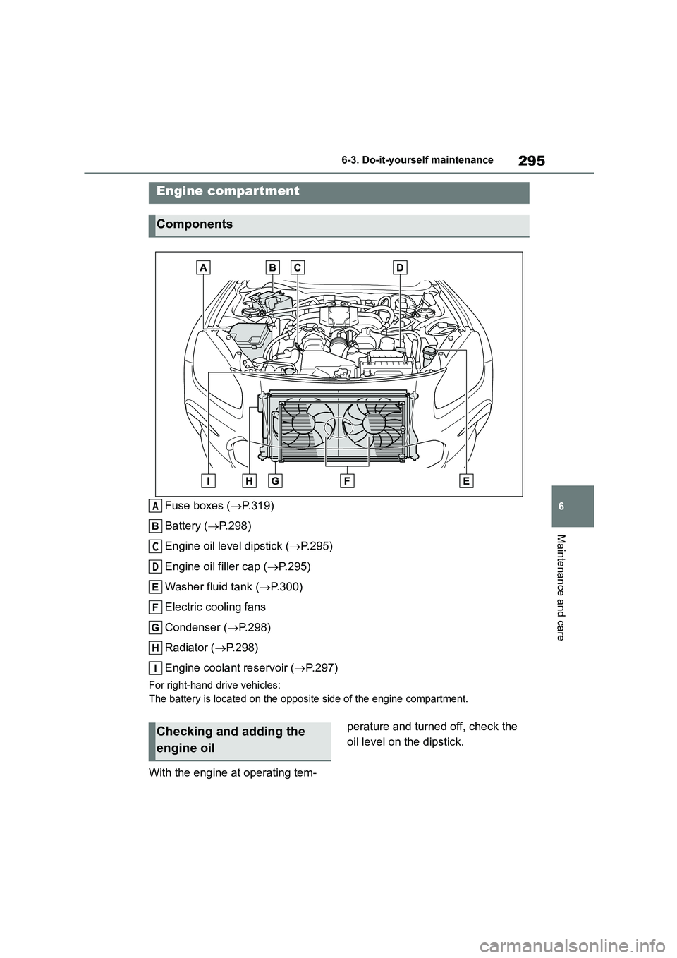 TOYOTA GR86 2022  Owners Manual (in English) 295
6 
6-3. Do-it-yourself maintenance
Maintenance and care
Fuse boxes ( P.319) 
Battery ( P.298) 
Engine oil level dipstick ( P.295) 
Engine oil filler cap ( P.295) 
Washer fluid tank ( �