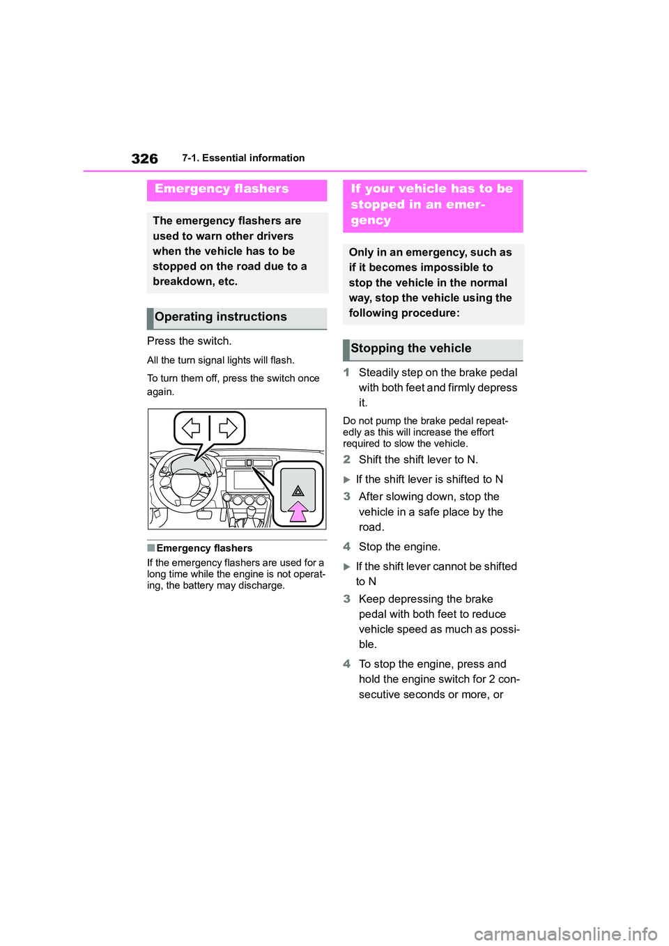 TOYOTA GR86 2022 Owners Manual (in English) 3267-1. Essential information
7-1.Essential information
Press the switch.
All the turn signal lights will flash.
To turn them off, press the switch once
again.
■Emergency flashers
If the emergen TOYOTA GR86 2022 Owners Manual (in English) 3267-1. Essential information
7-1.Essential information
Press the switch.
All the turn signal lights will flash.
To turn them off, press the switch once
again.
■Emergency flashers
If the emergen