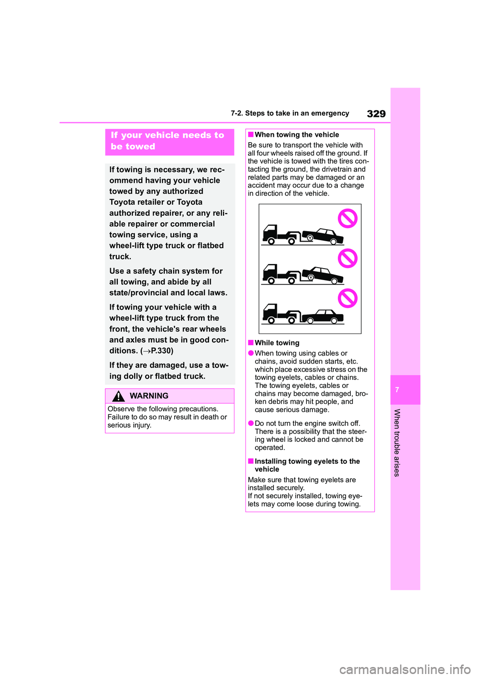 TOYOTA GR86 2022   (in English) User Guide 329
7 
7-2. Steps to take in an emergency
When trouble arises
7-2.Steps to take in an emergency
If  your vehicle needs to  
be towed
If towing is necessary, we rec- 
ommend having your vehicle 
towed 