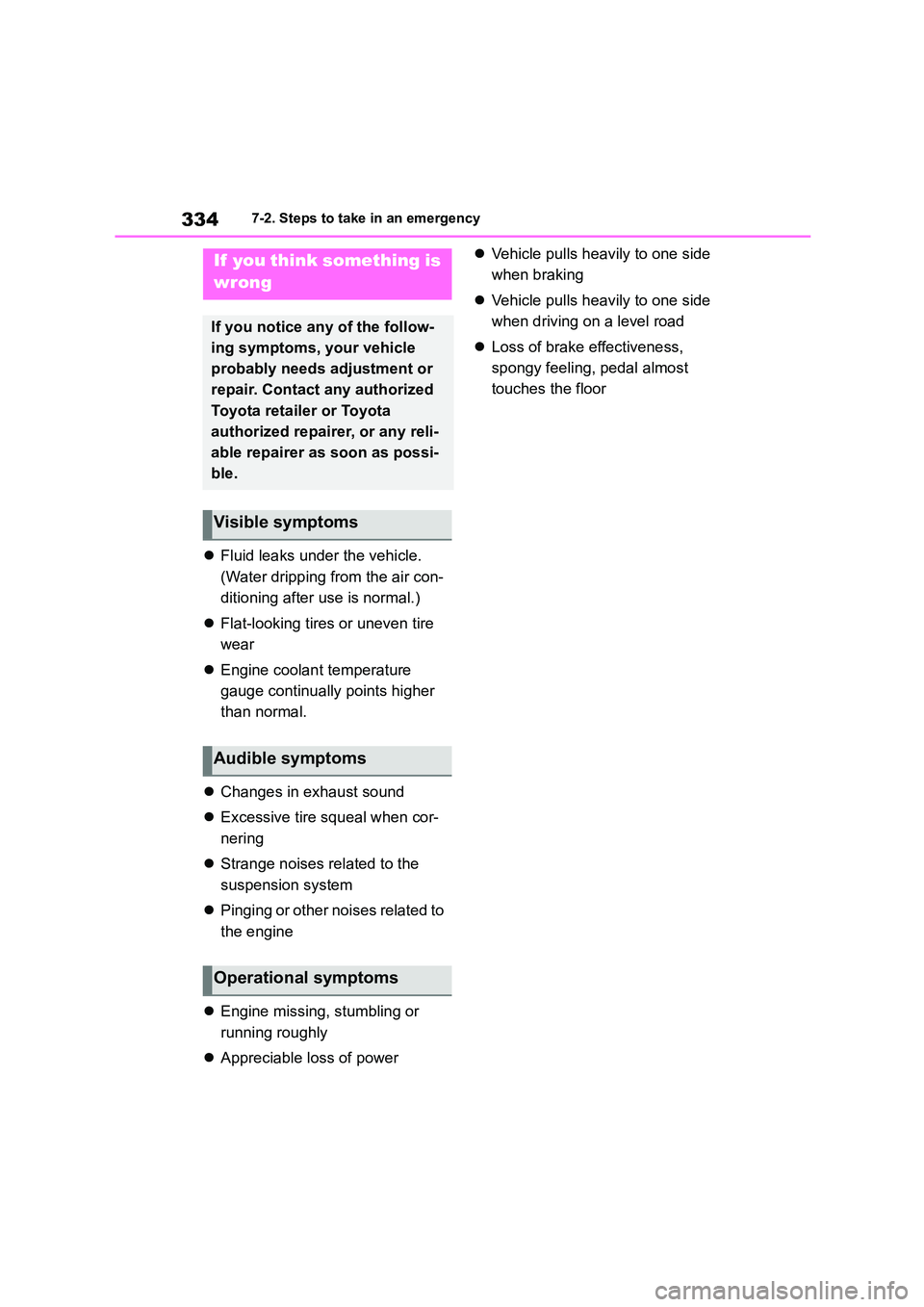 TOYOTA GR86 2022 Owners Manual (in English) 3347-2. Steps to take in an emergency
Fluid leaks under the vehicle.
(Water dripping from the air con-
ditioning after use is normal.)
Flat-looking tires or uneven tire
wear
Engine coo TOYOTA GR86 2022 Owners Manual (in English) 3347-2. Steps to take in an emergency
Fluid leaks under the vehicle.
(Water dripping from the air con-
ditioning after use is normal.)
Flat-looking tires or uneven tire
wear
Engine coo