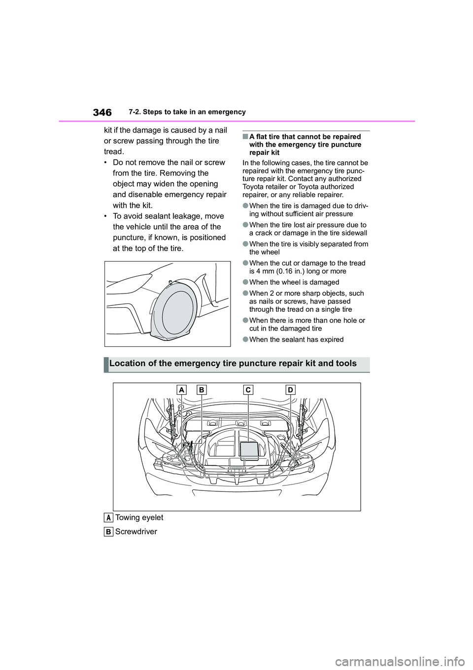 TOYOTA GR86 2022   (in English) User Guide 3467-2. Steps to take in an emergency
kit if the damage is caused by a nail  
or screw passing through the tire 
tread.
• Do not remove the nail or screw 
from the tire. Removing the 
object may wid