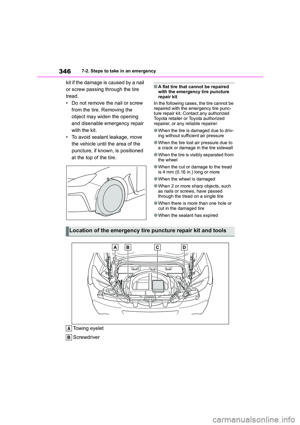 TOYOTA GR86 2022  Owners Manual (in English) 3467-2. Steps to take in an emergency
kit if the damage is caused by a nail  
or screw passing through the tire 
tread.
• Do not remove the nail or screw 
from the tire. Removing the 
object may wid