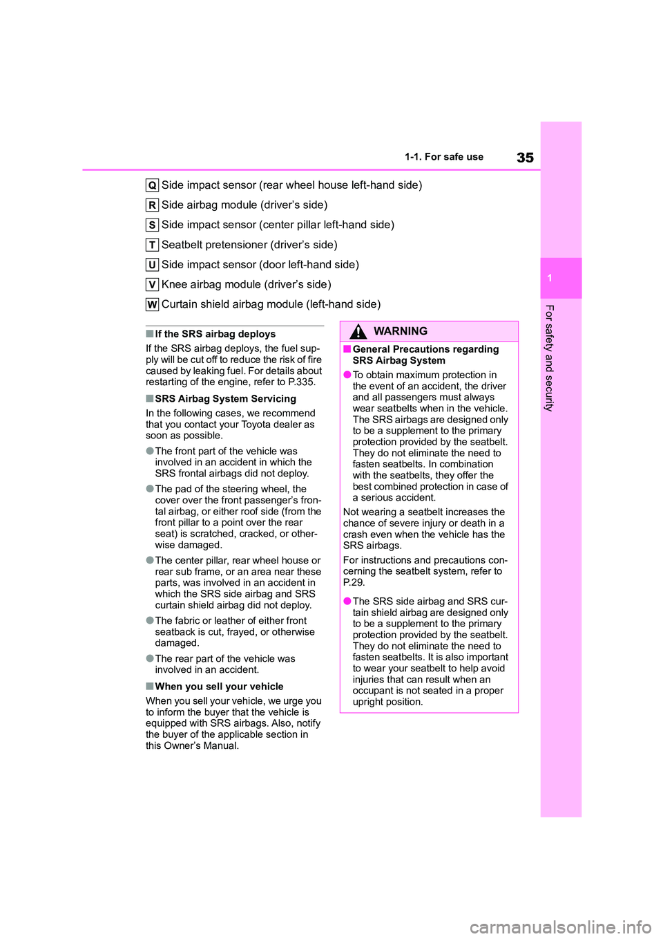 TOYOTA GR86 2022  Owners Manual (in English) 35
1 
1-1. For safe use
For safety and security
Side impact sensor (rear  wheel house left-hand side) 
Side airbag module (driver’s side)
Side impact sensor (cen ter pillar left-hand side) 
Seatbelt