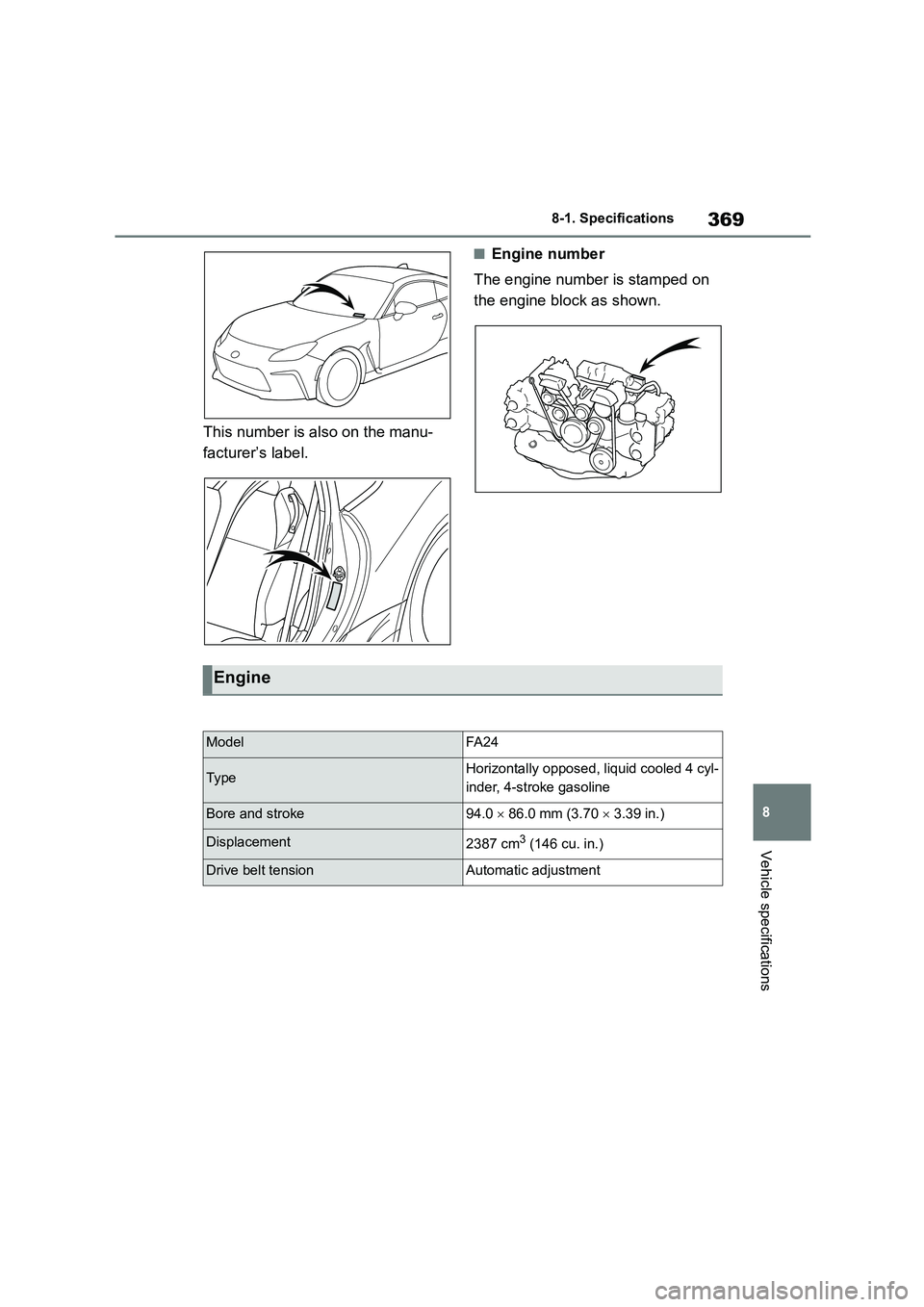 TOYOTA GR86 2022  Owners Manual (in English) 369
8 
8-1. Specifications
Vehicle specifications
This number is also on the manu- 
facturer’s label.
■Engine number 
The engine number is stamped on  
the engine block as shown.
Engine
ModelFA2 4