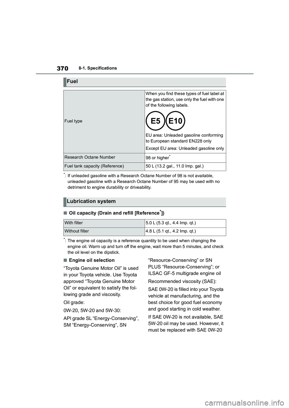 TOYOTA GR86 2022 Owners Manual (in English) 3708-1. Specifications
*: If unleaded gasoline with a Research Octane Number of 98 is not available,
unleaded gasoline with a Research Octane Number of 95 may be used with no
detriment to engine du TOYOTA GR86 2022 Owners Manual (in English) 3708-1. Specifications
*: If unleaded gasoline with a Research Octane Number of 98 is not available,
unleaded gasoline with a Research Octane Number of 95 may be used with no
detriment to engine du