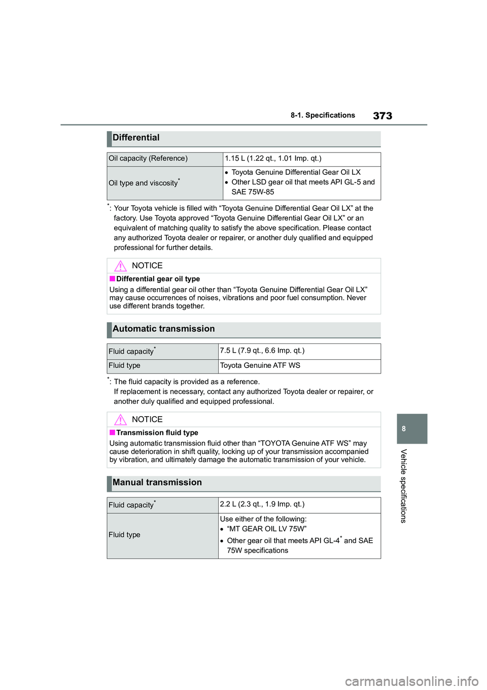 TOYOTA GR86 2022  Owners Manual (in English) 373
8 
8-1. Specifications
Vehicle specifications
*: Your Toyota vehicle is filled with “Toyota Genuine Differential Gear Oil LX” at the  
factory. Use Toyota approved “Toyota G enuine Different