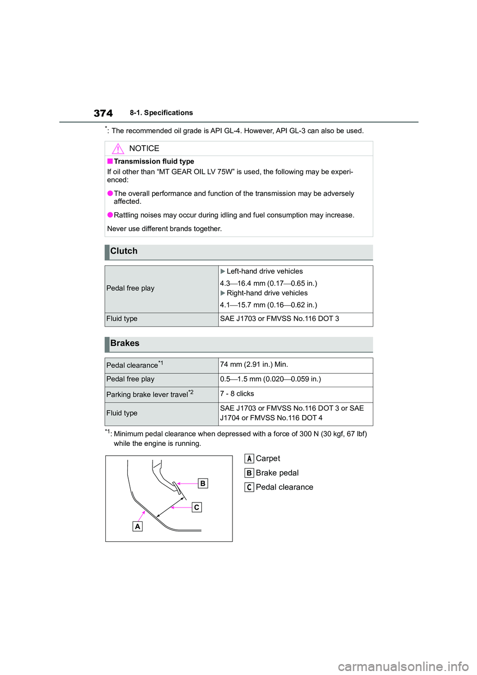 TOYOTA GR86 2022  Owners Manual (in English) 3748-1. Specifications
*: The recommended oil grade is API GL-4. However, API GL-3 can also be used.
*1: Minimum pedal clearance when depressed with a force of 300 N (30 kgf, 67 lbf)  
while the engin