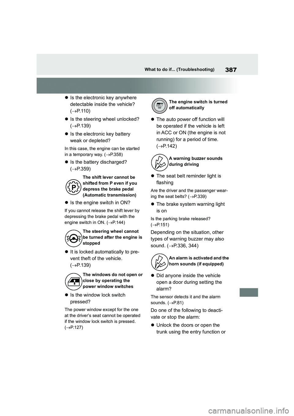 TOYOTA GR86 2022  Owners Manual (in English) 387What to do if... (Troubleshooting)
Is the electronic key anywhere  
detectable inside the vehicle? 
( P.110) 
 Is the steering wheel unlocked?  
( P.139) 
 Is the electronic key batt