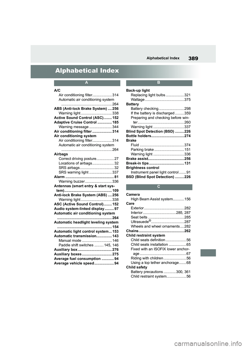 TOYOTA GR86 2022 Owners Manual (in English) 389Alphabetical Index
Alphabetical Index
A
A/C
Air conditioning filter................... 314
Automatic air conditioning system
................................................. 264
ABS (Anti-lock TOYOTA GR86 2022 Owners Manual (in English) 389Alphabetical Index
Alphabetical Index
A
A/C
Air conditioning filter................... 314
Automatic air conditioning system
................................................. 264
ABS (Anti-lock