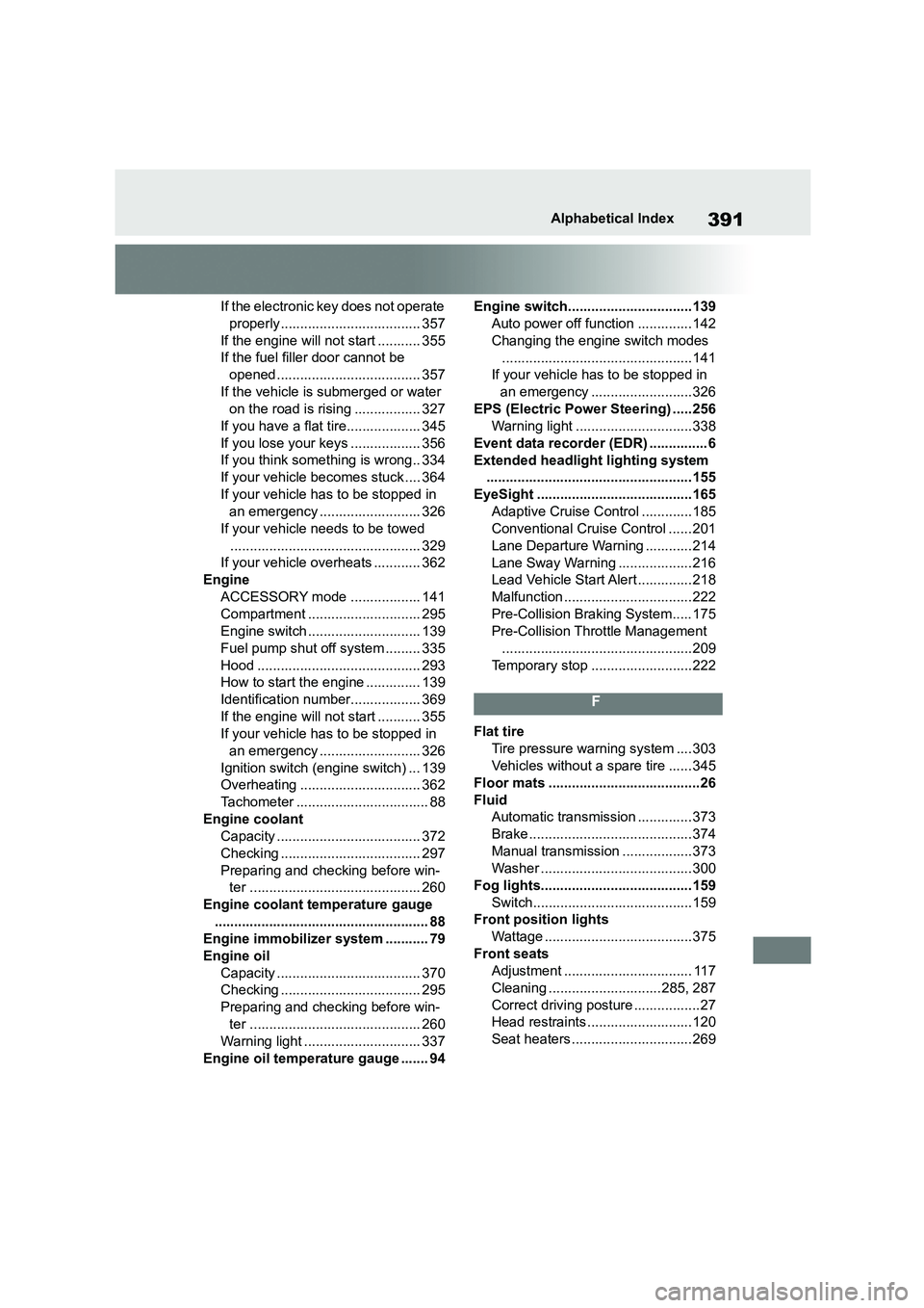 TOYOTA GR86 2022  Owners Manual (in English) 391Alphabetical Index
If the electronic key does not operate properly .................................... 357
If the engine will not start ........... 355
If the fuel filler door cannot be  opened...