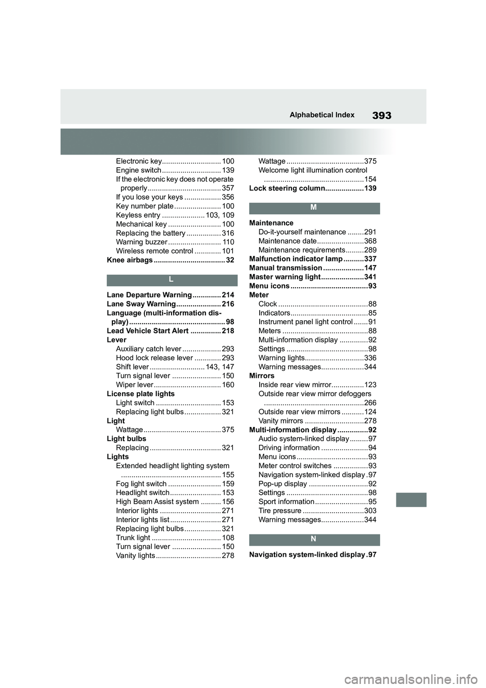 TOYOTA GR86 2022 Owners Manual (in English) 393Alphabetical Index
Electronic key............................. 100
Engine switch ............................. 139
If the electronic key does not operate properly .................................. TOYOTA GR86 2022 Owners Manual (in English) 393Alphabetical Index
Electronic key............................. 100
Engine switch ............................. 139
If the electronic key does not operate properly ..................................