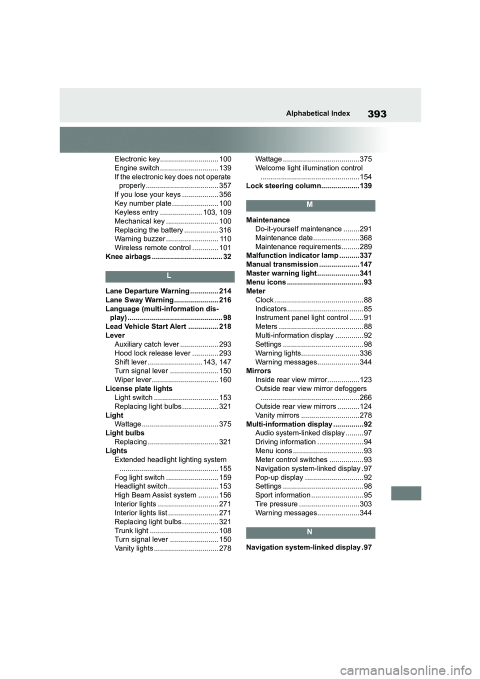 TOYOTA GR86 2022  Owners Manual (in English) 393Alphabetical Index
Electronic key............................. 100
Engine switch ............................. 139
If the electronic key does not operate properly ..................................