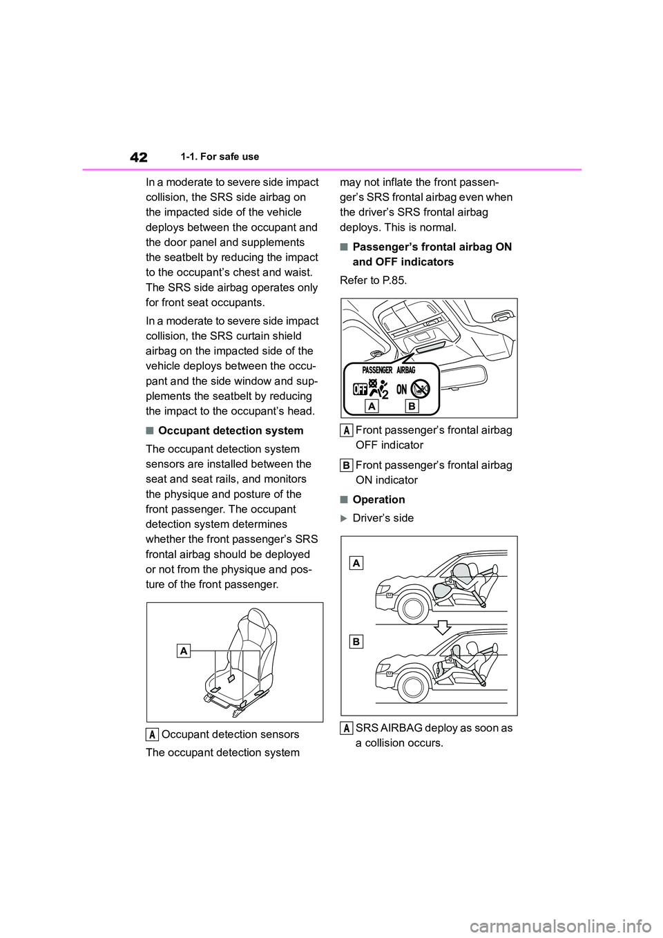 TOYOTA GR86 2022  Owners Manual (in English) 421-1. For safe use
In a moderate to severe side impact  
collision, the SRS side airbag on 
the impacted side of the vehicle 
deploys between the occupant and 
the door panel and supplements 
the sea