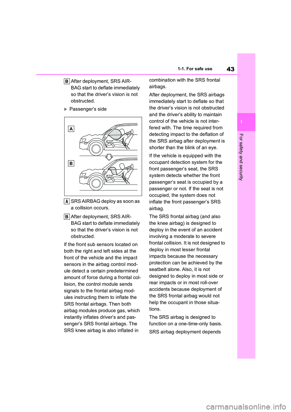 TOYOTA GR86 2022  Owners Manual (in English) 43
1 
1-1. For safe use
For safety and security
After deployment, SRS AIR- 
BAG start to deflate immediately 
so that the driver’s vision is not 
obstructed.
Passenger’s side 
SRS AIRBAG deploy
