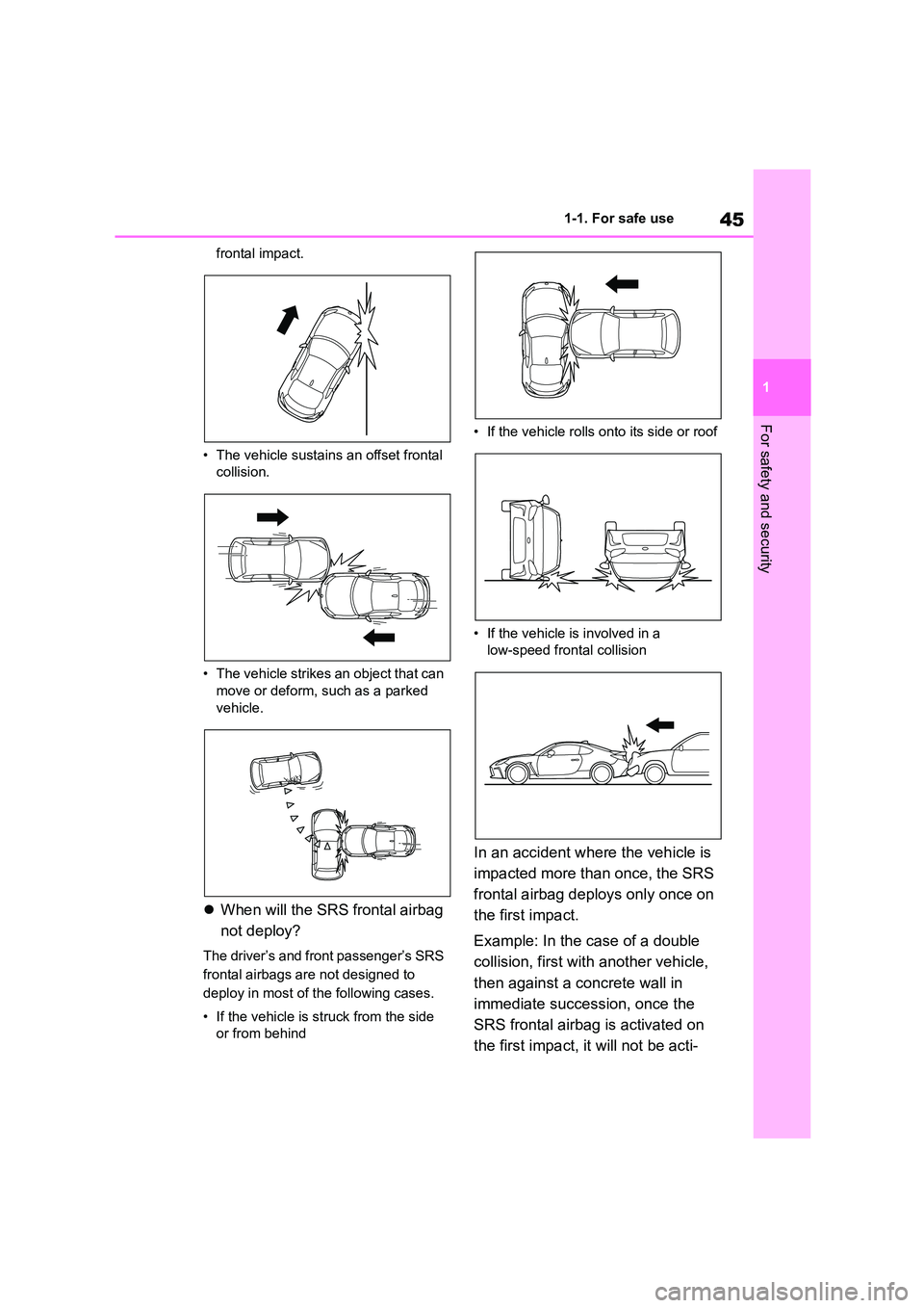 TOYOTA GR86 2022  Owners Manual (in English) 45
1 
1-1. For safe use
For safety and security
frontal impact. 
• The vehicle sustains an offset frontal  
collision. 
• The vehicle strikes an object that can  
move or deform, such as a parked 