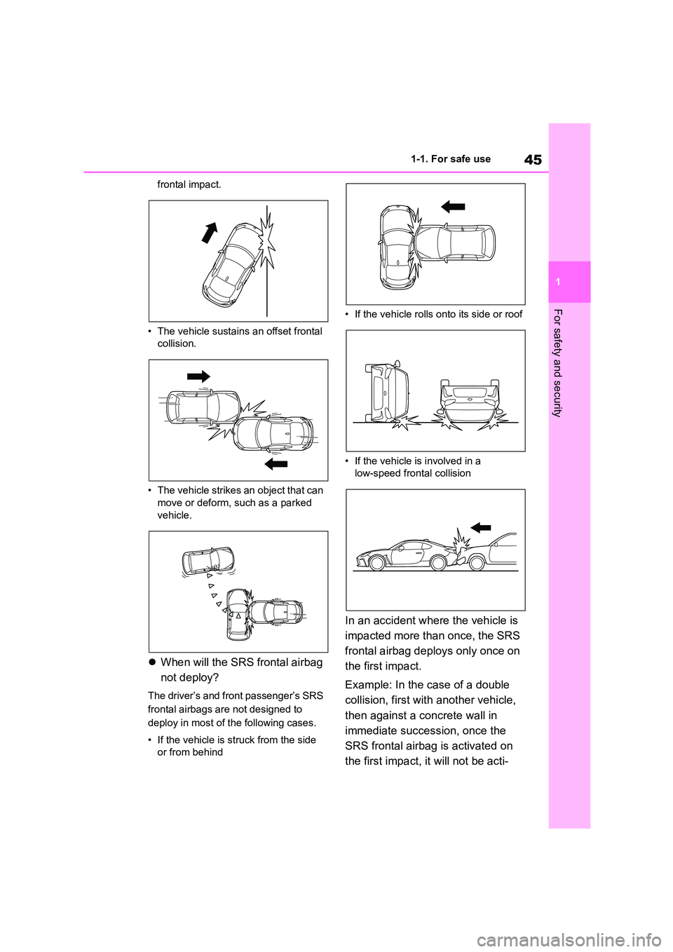 TOYOTA GR86 2022 (in English) Service Manual 45
1
1-1. For safe use
For safety and security
frontal impact.
• The vehicle sustains an offset frontal
collision.
• The vehicle strikes an object that can
move or deform, such as a parked TOYOTA GR86 2022 (in English) Service Manual 45
1
1-1. For safe use
For safety and security
frontal impact.
• The vehicle sustains an offset frontal
collision.
• The vehicle strikes an object that can
move or deform, such as a parked