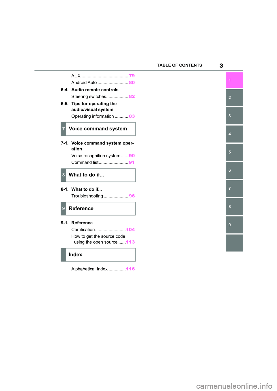 TOYOTA GR86 2022  Owners Manual (in English) 3TABLE OF CONTENTS
1 
7 
6
5
4
3
2
8
9
AUX ...................................... 79 
Android Auto ......................... 80 
6-4. Audio remote controls 
Steering switches.................. 82 
6-5
