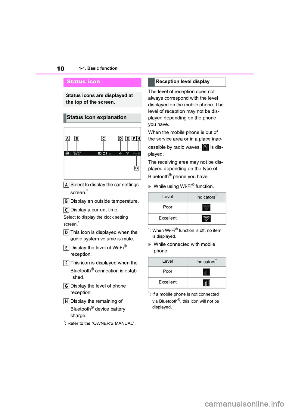 TOYOTA GR86 2022 Owners Manual (in English) 101-1. Basic function
Select to display the car settings
screen.*
Display an outside temperature.
Display a current time.
Select to display the clock setting
screen.*
This icon is displayed when TOYOTA GR86 2022 Owners Manual (in English) 101-1. Basic function
Select to display the car settings
screen.*
Display an outside temperature.
Display a current time.
Select to display the clock setting
screen.*
This icon is displayed when