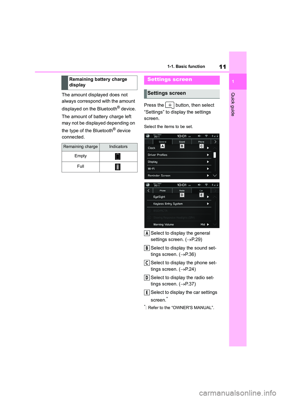 TOYOTA GR86 2022 Owners Manual (in English) 11
1
1-1. Basic function
Quick guideThe amount displayed does not
always correspond with the amount
displayed on the Bluetooth® device.
The amount of battery charge left
may not be displayed TOYOTA GR86 2022 Owners Manual (in English) 11
1
1-1. Basic function
Quick guideThe amount displayed does not
always correspond with the amount
displayed on the Bluetooth® device.
The amount of battery charge left
may not be displayed