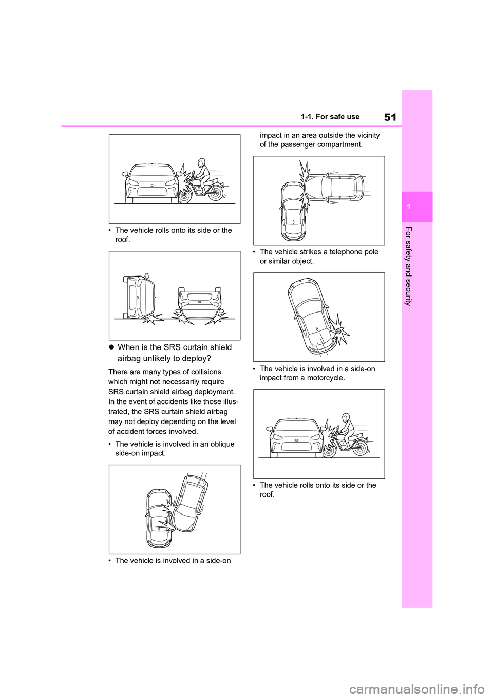 TOYOTA GR86 2022 (in English) Workshop Manual 51
1
1-1. For safe use
For safety and security• The vehicle rolls onto its side or the
roof.
When is the SRS curtain shield
airbag unlikely to deploy?
There are many types of collisions
w TOYOTA GR86 2022 (in English) Workshop Manual 51
1
1-1. For safe use
For safety and security• The vehicle rolls onto its side or the
roof.
When is the SRS curtain shield
airbag unlikely to deploy?
There are many types of collisions
w