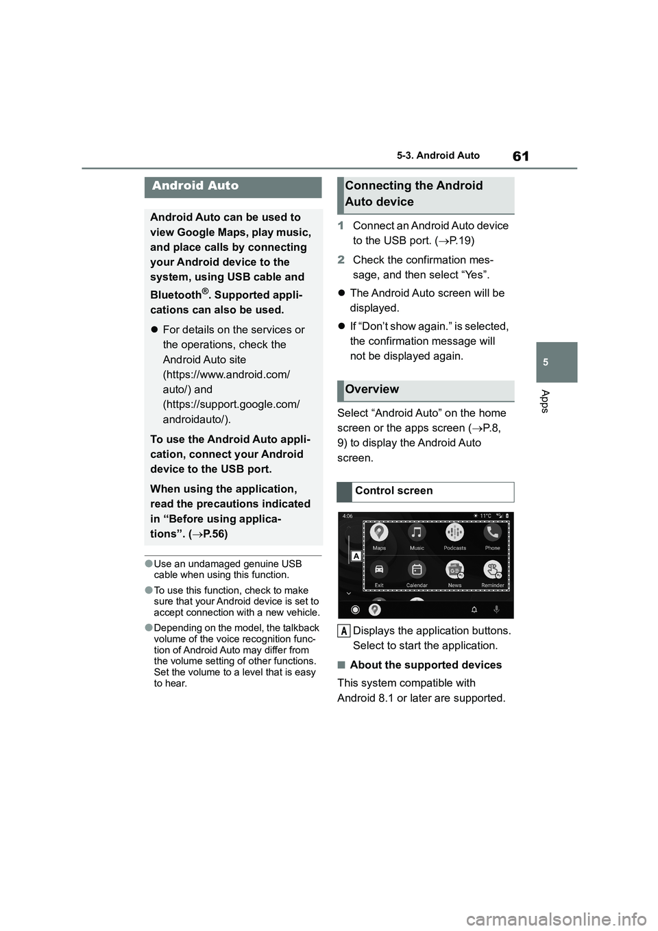 TOYOTA GR86 2022  Owners Manual (in English) 61
5 
5-3. Android Auto
Apps
5-3.Android Auto
●Use an undamaged genuine USB  
cable when using this function.
●To use this function, check to make 
sure that your Android device is set to  accept 