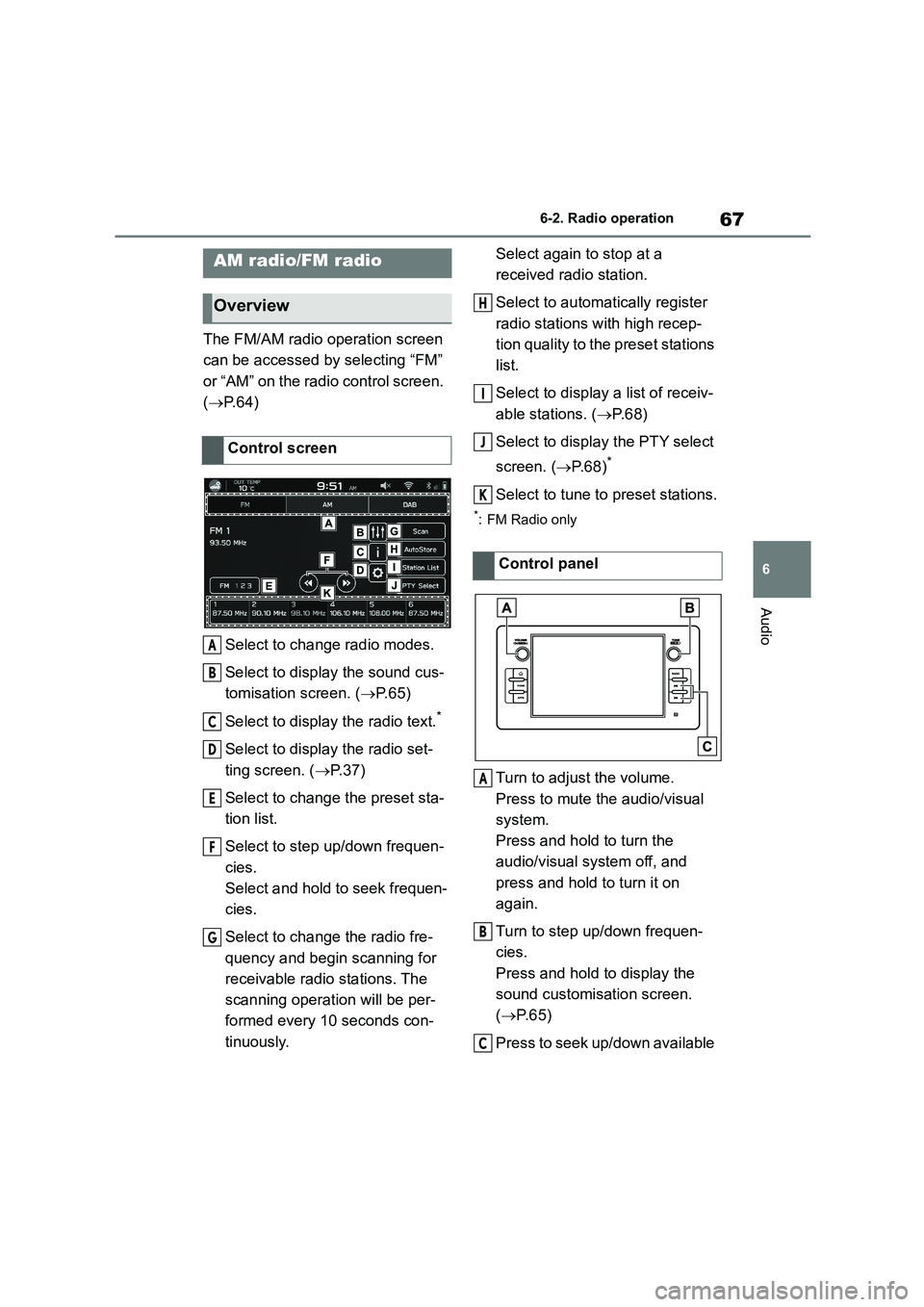 TOYOTA GR86 2022  Owners Manual (in English) 67
6 
6-2. Radio operation
Audio
6-2.Radio operation
The FM/AM radio operation screen  
can be accessed by selecting “FM” 
or “AM” on the radio control screen. 
( P. 6 4 ) 
Select to change