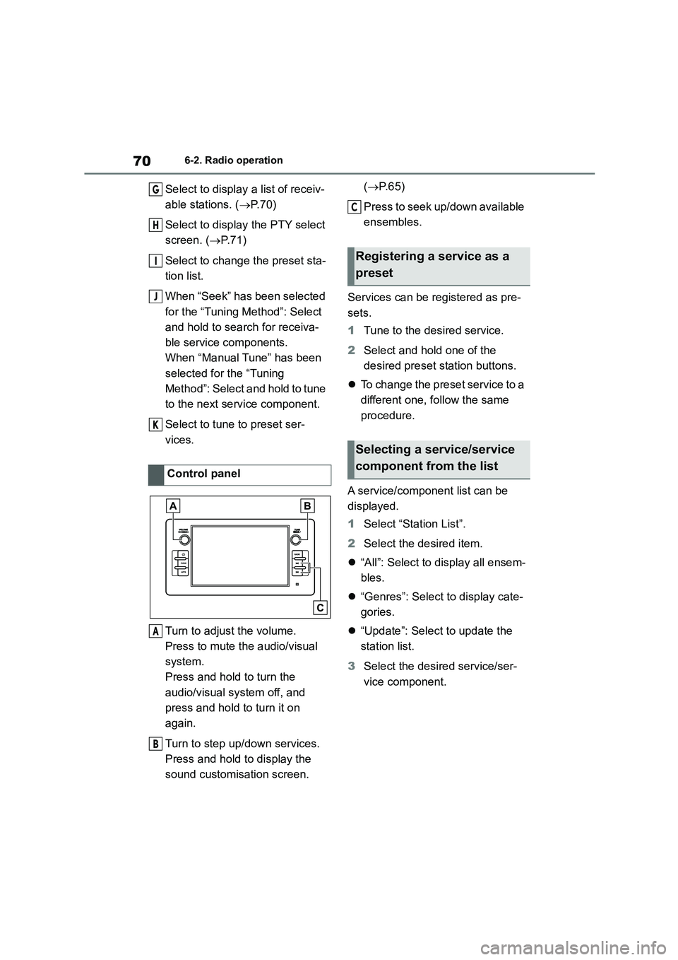 TOYOTA GR86 2022 Owners Manual (in English) 706-2. Radio operation
Select to display a list of receiv-
able stations. ( P. 7 0 )
Select to displa y the PTY select
screen. ( P. 7 1 )
Select to change the preset sta-
tion list.
When TOYOTA GR86 2022 Owners Manual (in English) 706-2. Radio operation
Select to display a list of receiv-
able stations. ( P. 7 0 )
Select to displa y the PTY select
screen. ( P. 7 1 )
Select to change the preset sta-
tion list.
When