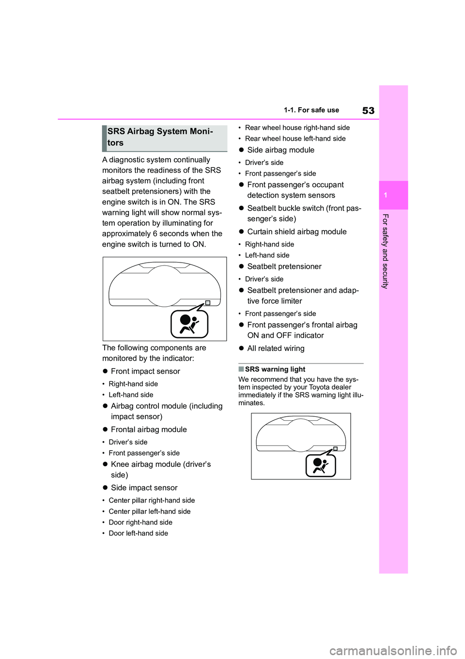TOYOTA GR86 2022  Owners Manual (in English) 53
1 
1-1. For safe use
For safety and security
A diagnostic system continually  
monitors the readiness of the SRS 
airbag system (including front 
seatbelt pretensioners) with the 
engine switch is 