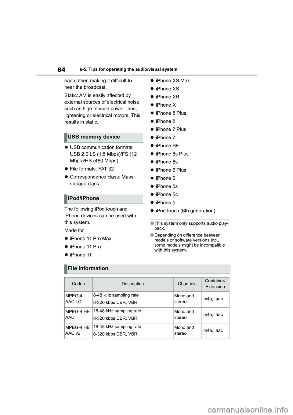 TOYOTA GR86 2022  Owners Manual (in English) 846-5. Tips for operating the audio/visual system
each other, making it difficult to  
hear the broadcast. 
Static: AM is easily affected by  
external sources of electrical noise, 
such as high tensi